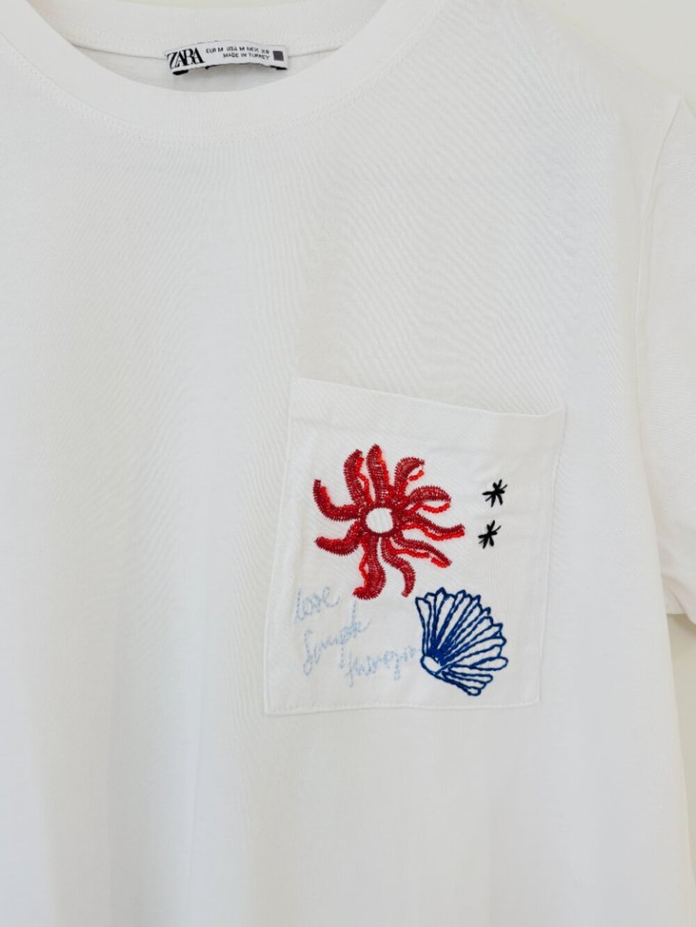 Zara White Embroidered Beaded Pocket Tee Coastal Sun Shell Graphic T-Shirt Sz M - Picture 4 of 8